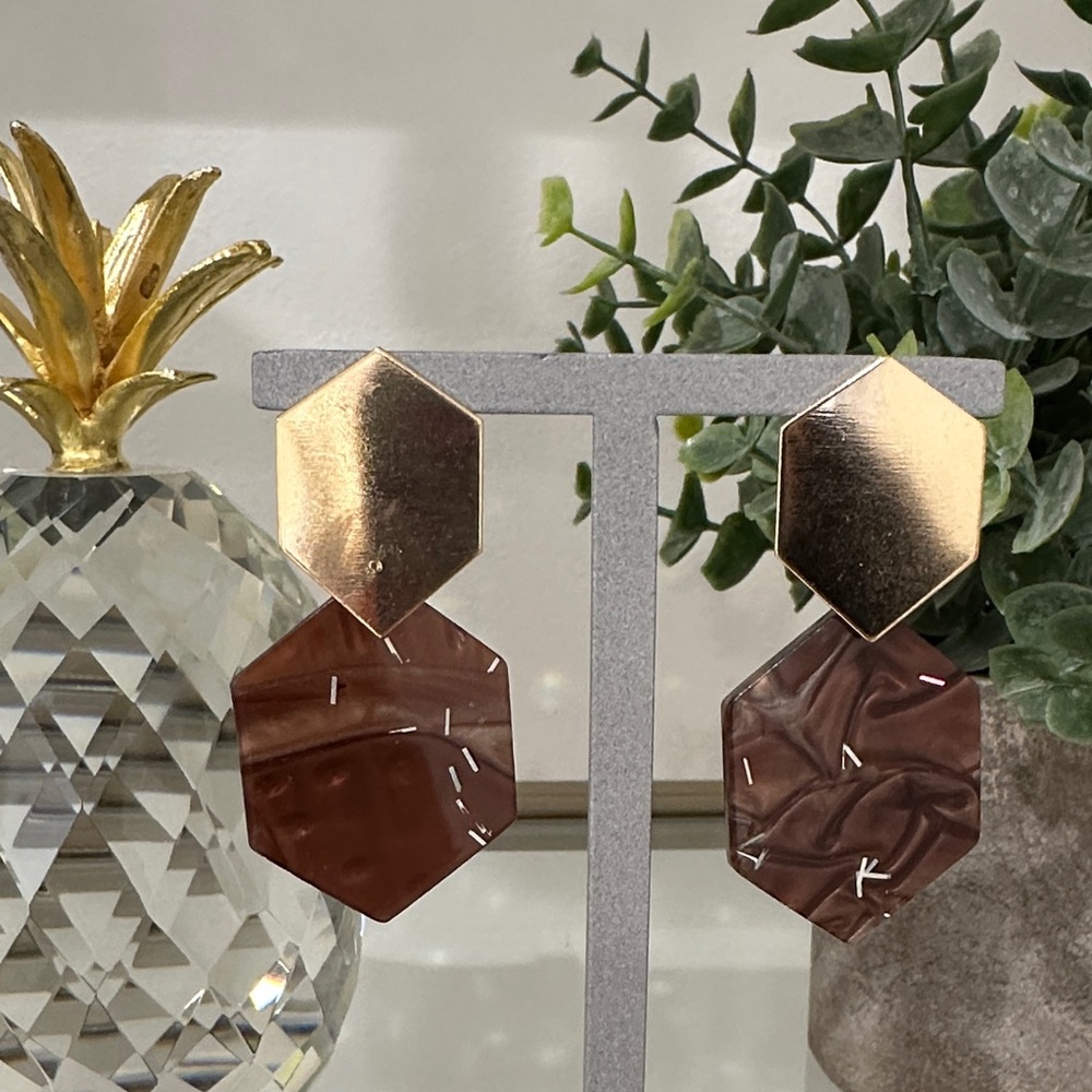 Cache Gold and Brown Hexagon Earrings